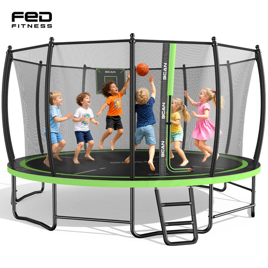 FED Fitness Premium 12FT Recreational Trampoline with Enclosure – Luxury Family Entertainment Center, Curved Safety Design, Commercial-Grade Galvanized Steel, Supports 1500 lbs