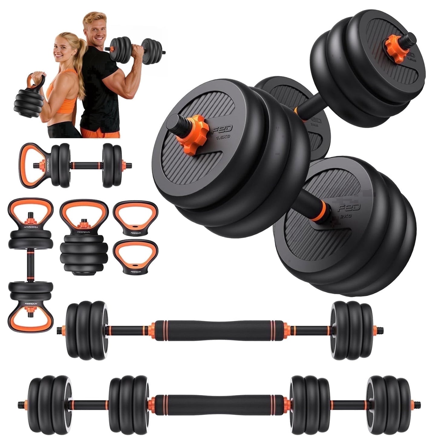FED Fitness Adjustable Dumbbells,90lbs Free Weight Set with Connector,5 in1 Dumbbells Set as Barbell,Kettlebell,Push up Stand,Weight Plate,Fitness Exercises for Home Gym Suitable Men/Women