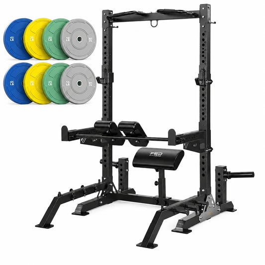 FED Fitness Smith Machine Power Rack with 8Pcs Bumper Weight Plates,Multi-Function Squat Rack Workout Station for Bench, Pull-Up, Hip Thrust