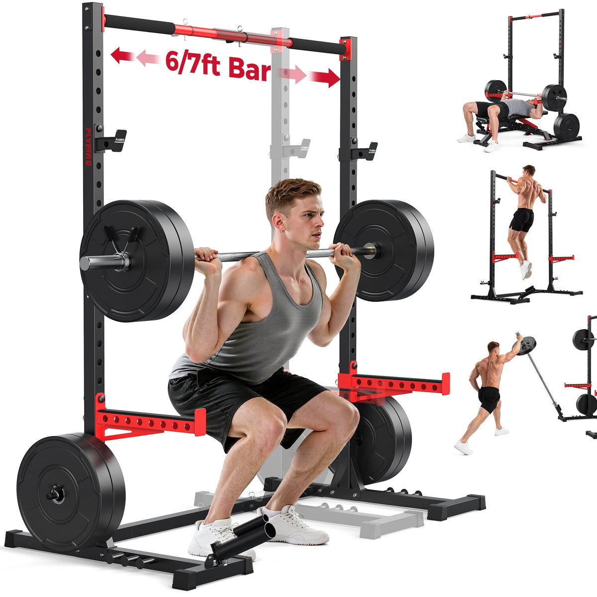 FLYBIRD Squat Rack with Pull-Up Bar,Smith Machine Power Rack 950lbs Capacity, 6/7Ft Bar Width Adjustable Half Rack with Landmine Attachment & 22 Adjustable Heights