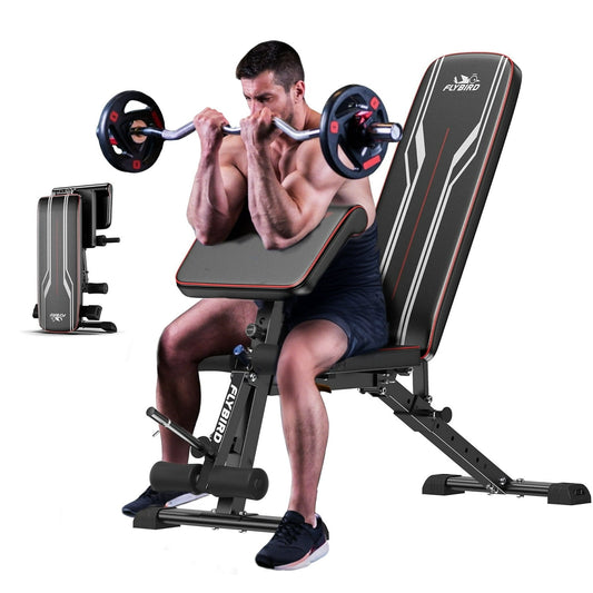 FLYBIRD Workout Bench with Leg Extension & Curl Pad, Foldable 800LB Bench for Full Body Training