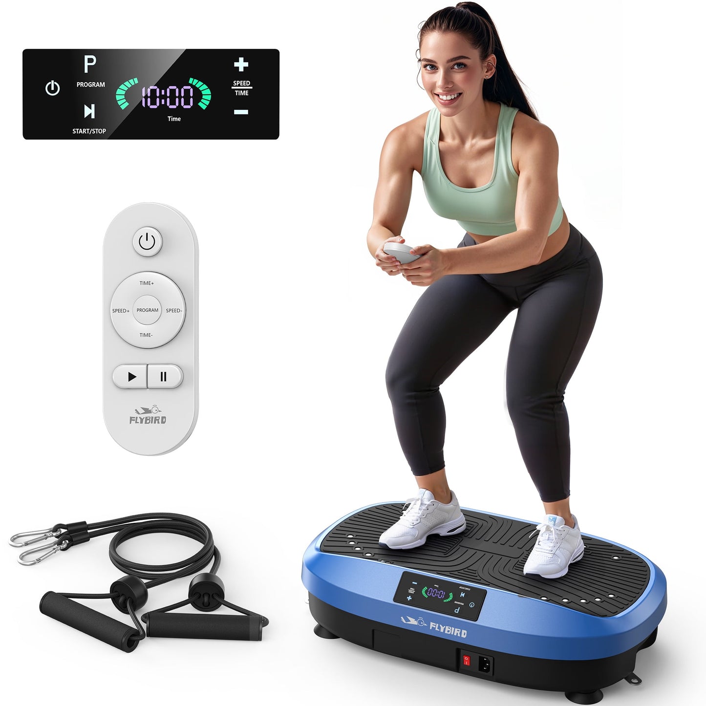 Flybird Vibration Plate Exercise Machine, Lymphatic Drainage Machine, Whole Body Workout Vibration Platform w/ 2 Resistance Bands for Wellness and Fitness-Blue