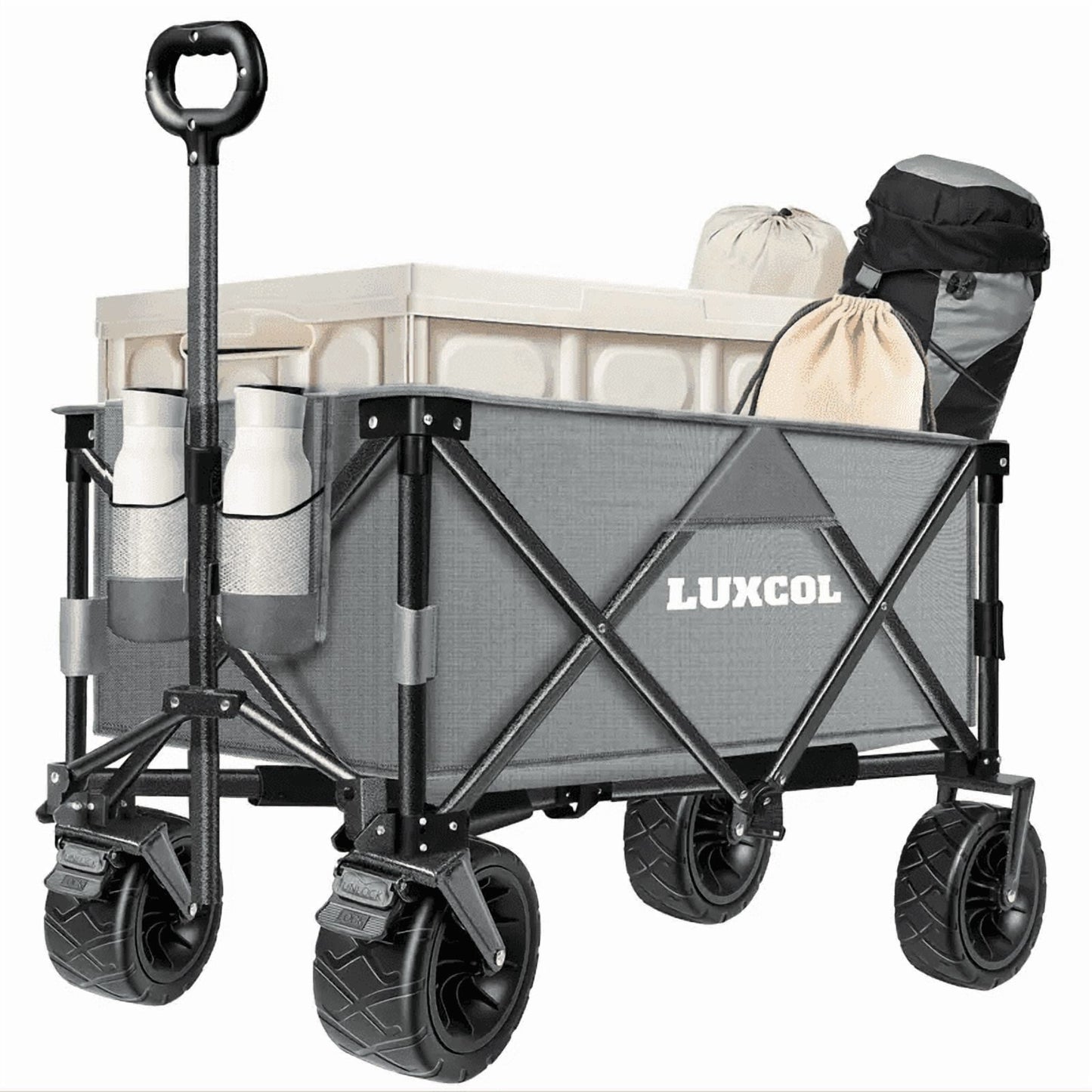 LUXCOL Collapsible Folding Wagon, Heavy Duty Utility Beach Wagon Cart for Sand with Big Wheels, Adjustable Handle&Drink Holders for Shopping, Camping,Garden, Outdoor and Beach