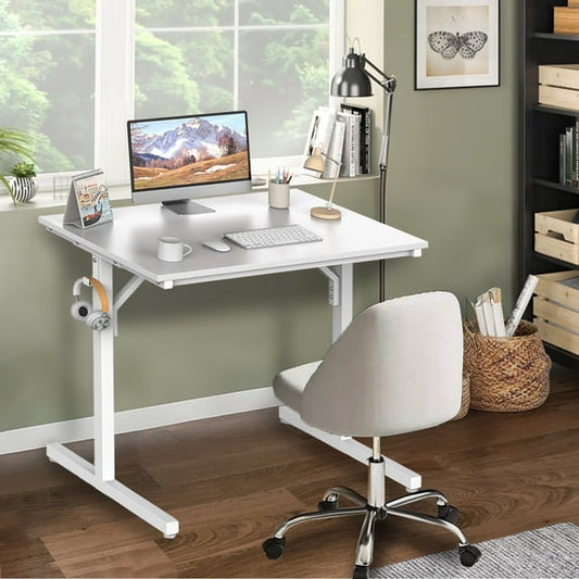 Koligey Small Computer Desk - 32 Inch Writing Table with Headphone Hooks for Home Office, Modern White