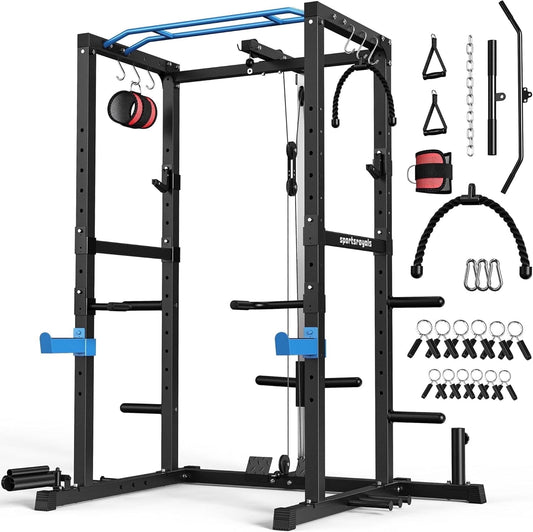 Sportsroyals Power Cage,1200lbs Multi-Function Power Rack with Adjustable Cable Crossover System Weight Cage for Home Gym,Blue