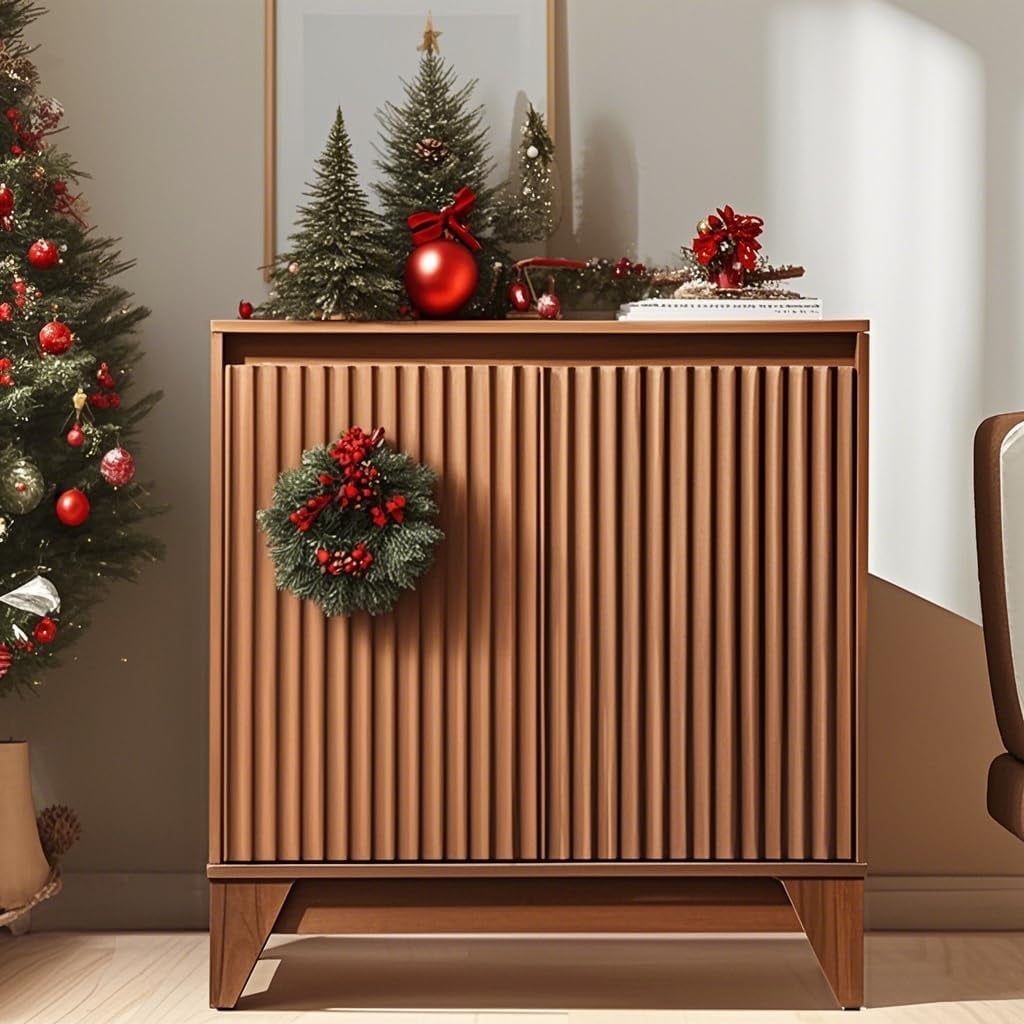 UPGO 31'' Modern Farmhouse Sideboard Buffet Cabinet with Storage, Fluted Panel Doors & Adjustable Shelves, Modular Credenza for Entryway or Living Room Accent,Brown