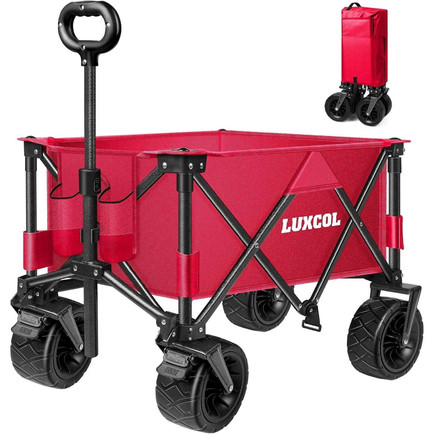 UPGO 200L Collapsible Foldable Wagon with 350lbs Weight Capacity, Heavy Duty Folding Utility Garden Cart with Big All-Terrain Beach Wheels & Drink Holders