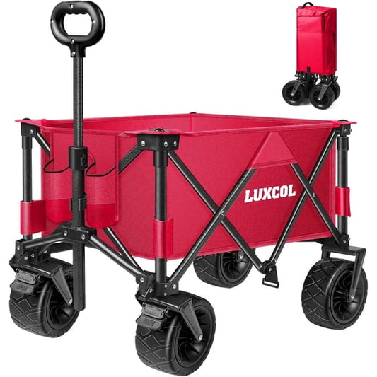 LUXCOL Collapsible Folding Wagon, Heavy Duty Utility Beach Wagon Cart for Sand with Big Wheels, Adjustable Handle&Drink Holders for Shopping, Camping,Garden, Outdoor and Beach