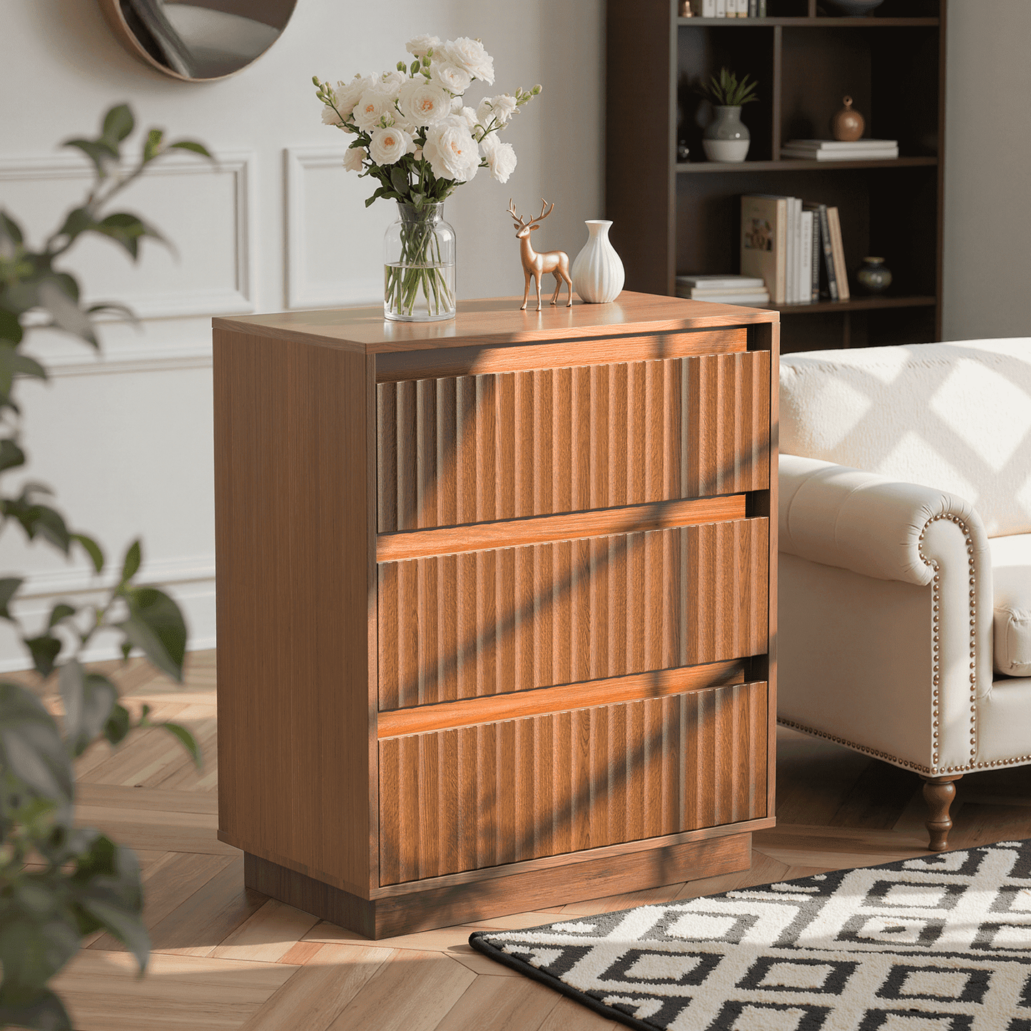 UPGO 31'' Modern Farmhouse Sideboard Buffet Cabinet with Storage, Fluted Panel Doors & Adjustable Shelves, Modular Credenza for Entryway or Living Room Accent,Brown