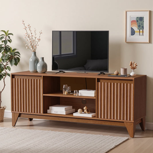 UPGO TV Stand for 55-60 inch TV, Waveform Fluted Panel Console Center with Charge Station for Living Room, Office