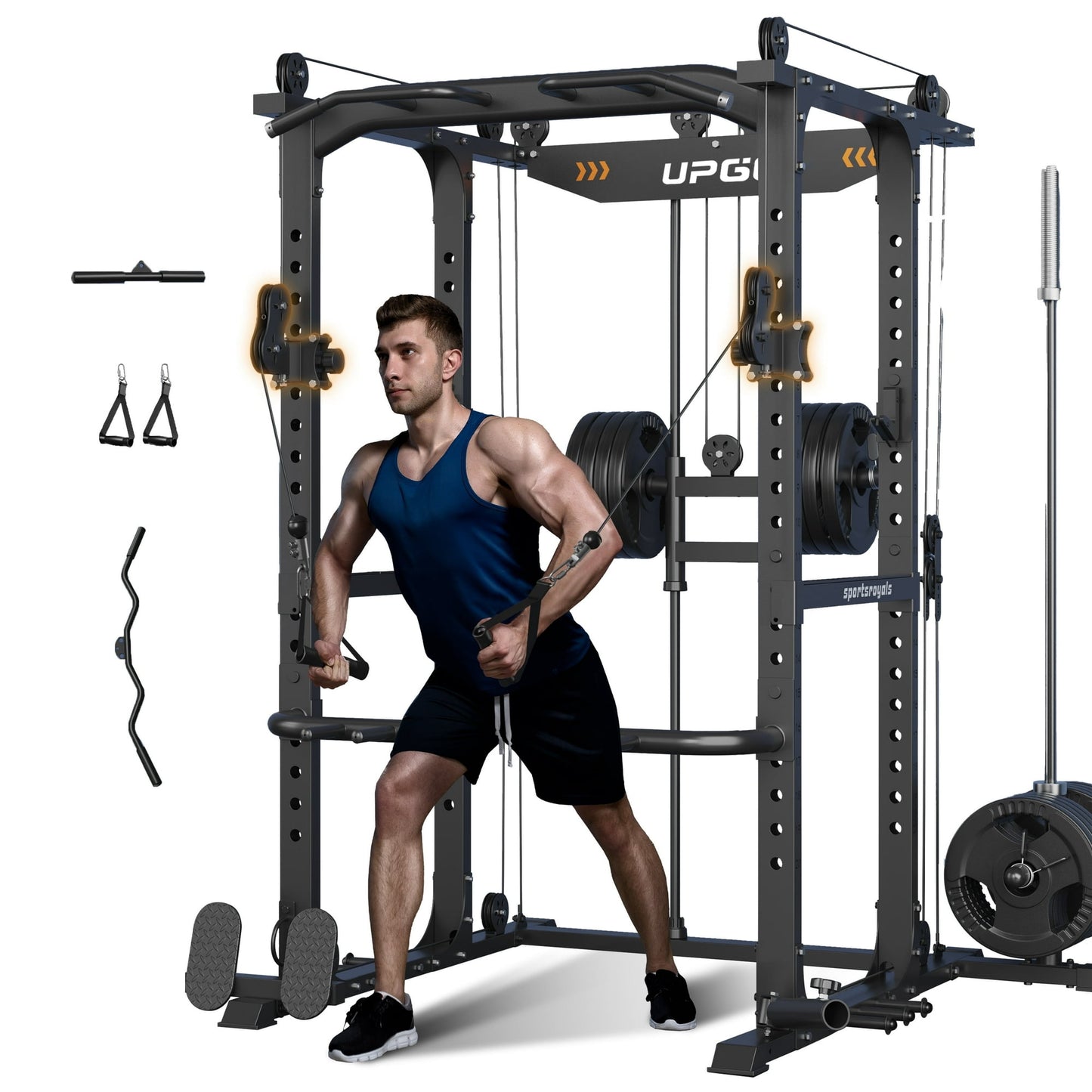 Sportsroyals Power Cage, 1600lbs Multi-Function Power Rack with Adjustable Cable Crossover, Power Cage for Home Gym, Black