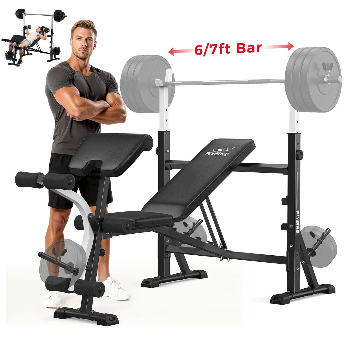 FLYBIRD Olympic Weight Bench with Rack,Multifunction Strength Training Bench With Preacher Curl & Leg Developer,Adjustable Bench Press Set for Home Gym