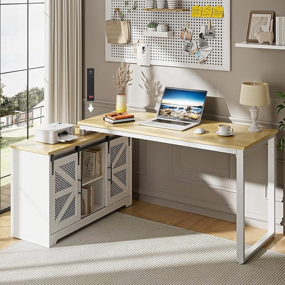 Upgo Rustic Corner Desk with Storage, L Shaped Farmhouse Office Desk with Sufficient Storage Capacity, Built-in Power Socket and Barn Door Design