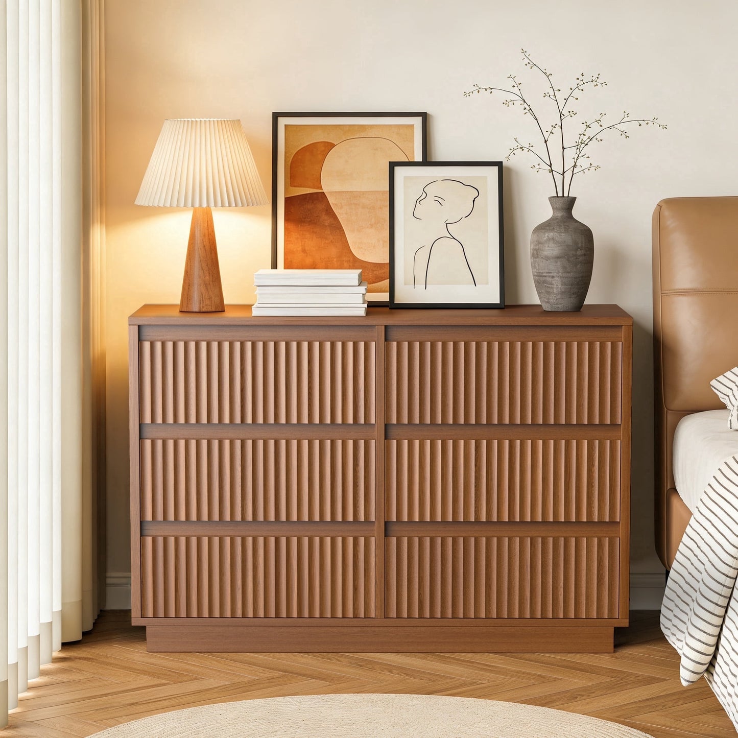 UPGO 31'' Modern Farmhouse Sideboard Buffet Cabinet with Storage, Fluted Panel Doors & Adjustable Shelves (brown)
