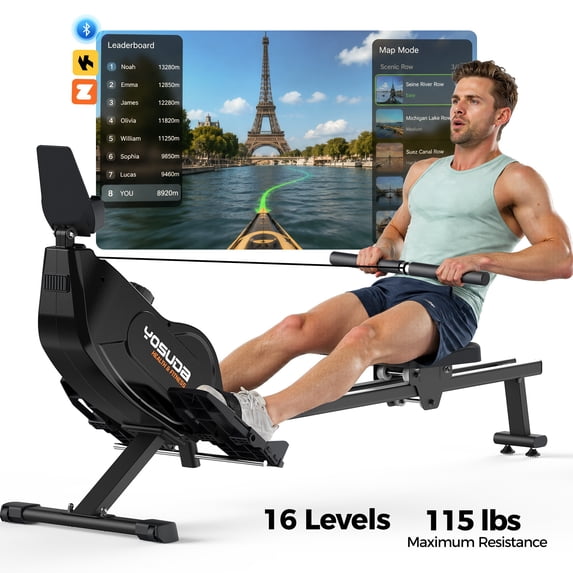YOSUDA Magnetic Rowing Machine 350 LB Weight Capacity , Foldable Rower for Home Use with 16-Level Max 115lbs Adjustable Resistance and Bluetooth