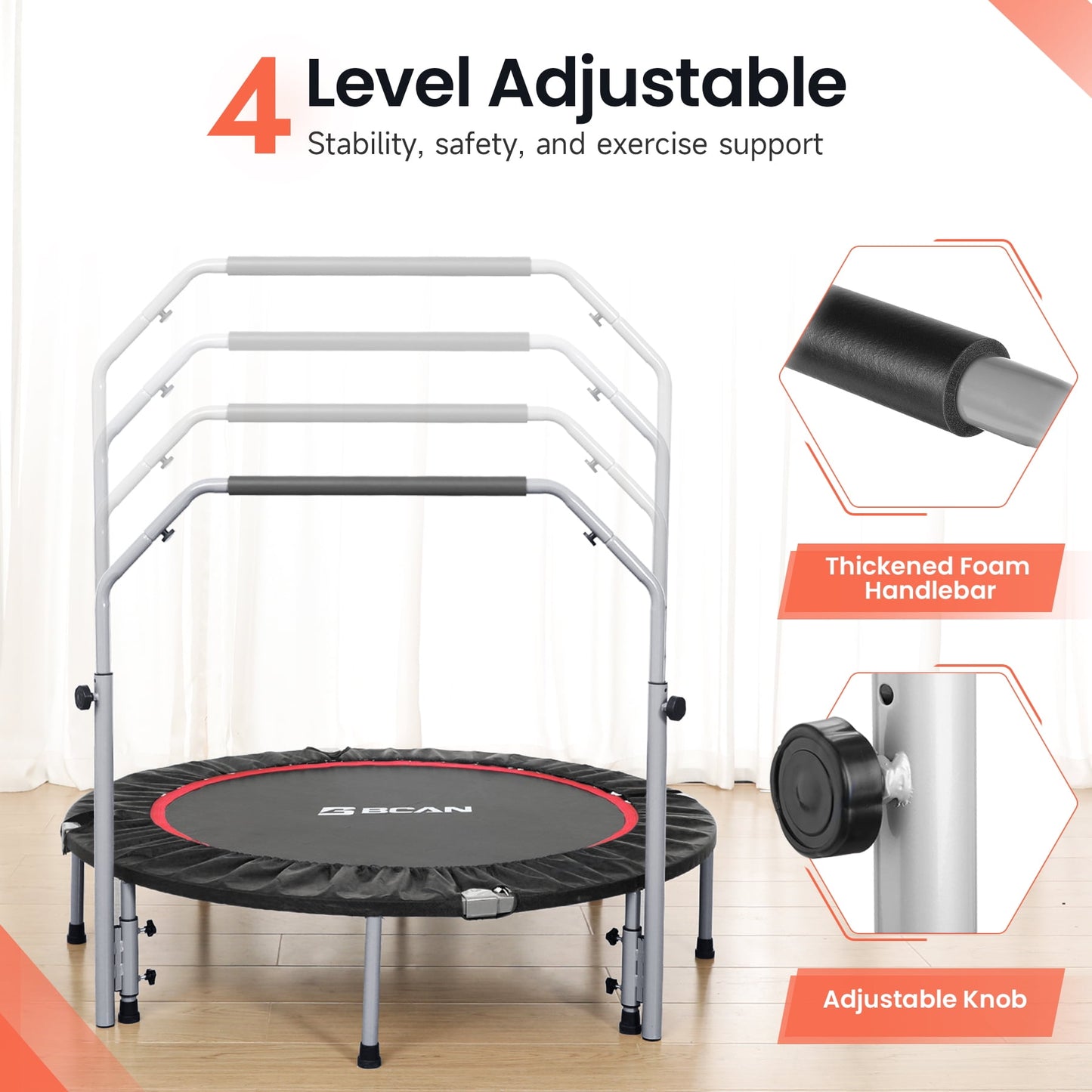 BCAN 40" Foldable Trampoline, Fitness Rebounder with Adjustable Foam Handle, Exercise Trampoline for Adults/kids Indoor/Garden Workout Max Load 330lbs