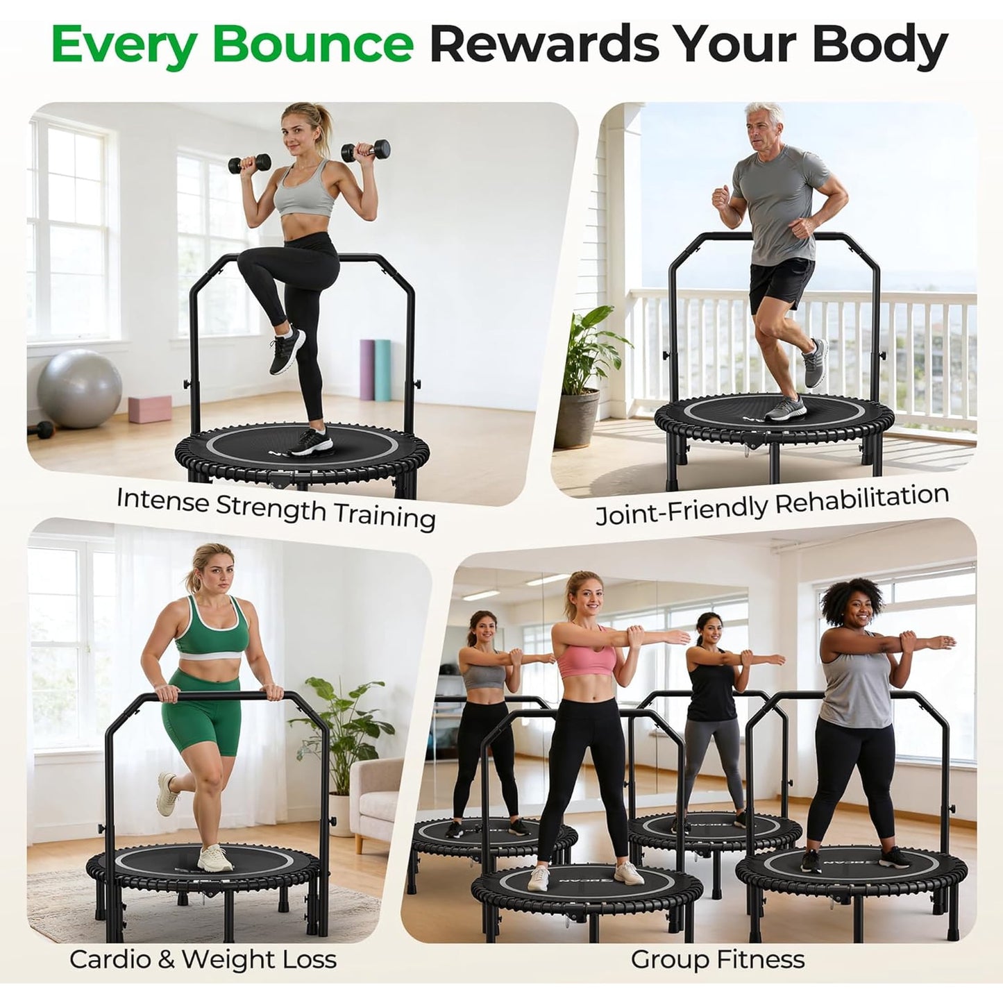 BCAN BT2 40-Inch Adult Mini Rebounder Trampoline, 450-pound weight capacity, adjustable handrails, and a Silent Resistance Band Design, suitable for indoor and outdoor home workouts