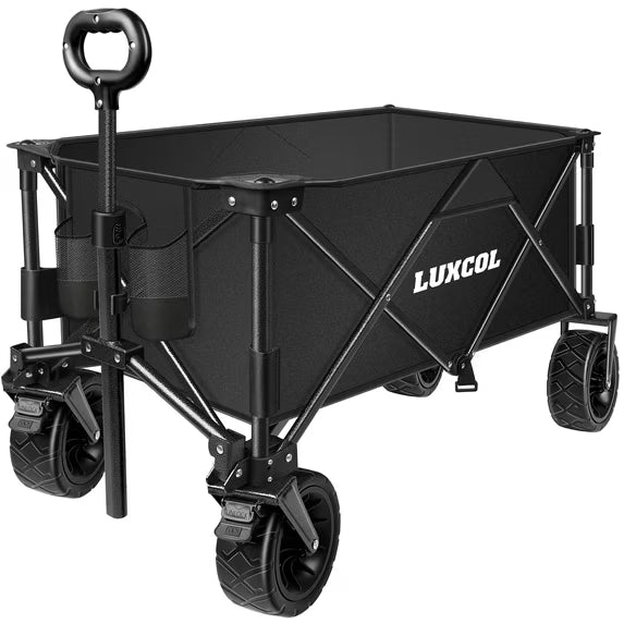 LUXCOL Collapsible Folding Wagon, Heavy Duty Utility Beach Wagon Cart for Sand with Big Wheels, Adjustable Handle&Drink Holders for Shopping, Camping,Garden, Outdoor and Beach