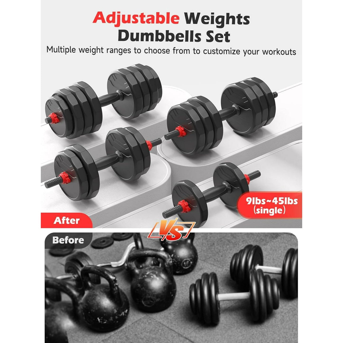 90lbs Free Weight Set with Connector, 5 in1 Dumbbells Set Used as Barbell, Kettlebells, Push up Stand, Fitness Exercises for Home Gym Suitable Men/Women