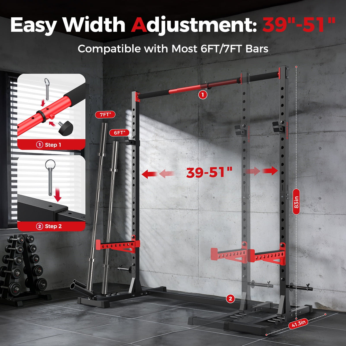 FLYBIRD Squat Rack with Pull-Up Bar,Smith Machine Power Rack 950lbs Capacity, 6/7Ft Bar Width Adjustable Half Rack with Landmine Attachment & 22 Adjustable Heights