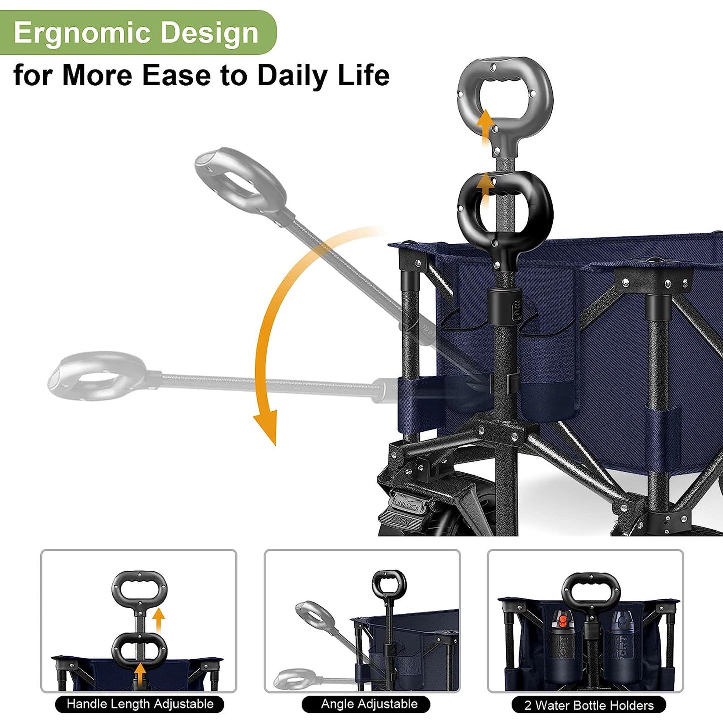 LUXCOL Collapsible Folding Wagon, Heavy Duty Utility Beach Wagon Cart for Sand with Big Wheels, Adjustable Handle&Drink Holders for Shopping, Camping,Garden and Outdoor