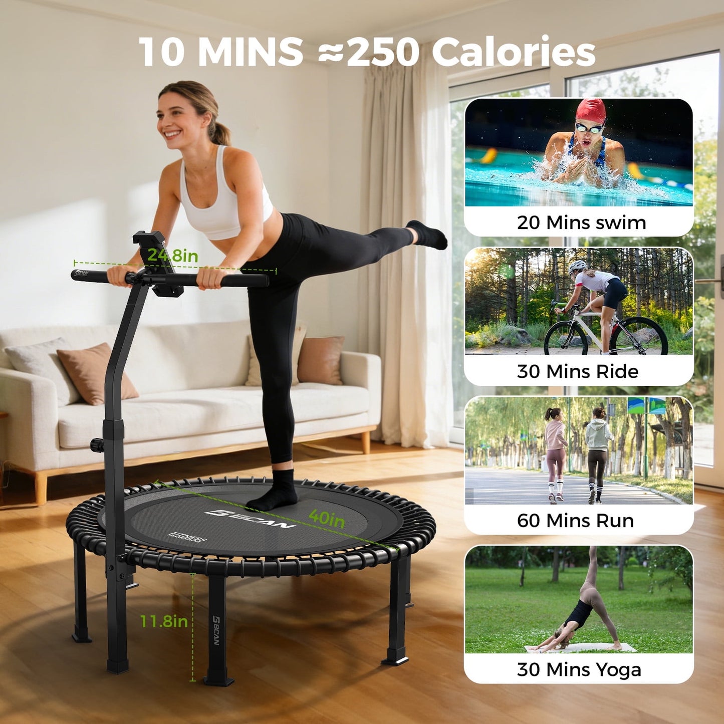 BCAN BT4 38" Soft Land Pro Adult Bungee Rebounder Trampoline, Adjustable Tension Bungees, Exercise Trampoline for Adults, Phone Holder & 2 Pairs Socks| FED Fitness