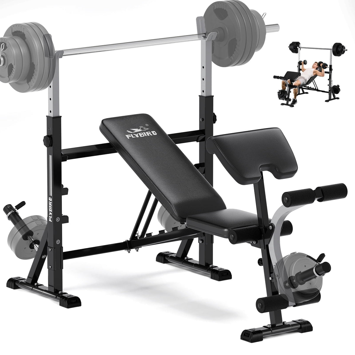 FLYBIRD Olympic Weight Bench with Rack,Multifunction Strength Training Bench With Preacher Curl & Leg Developer,Adjustable Bench Press Set for Home Gym