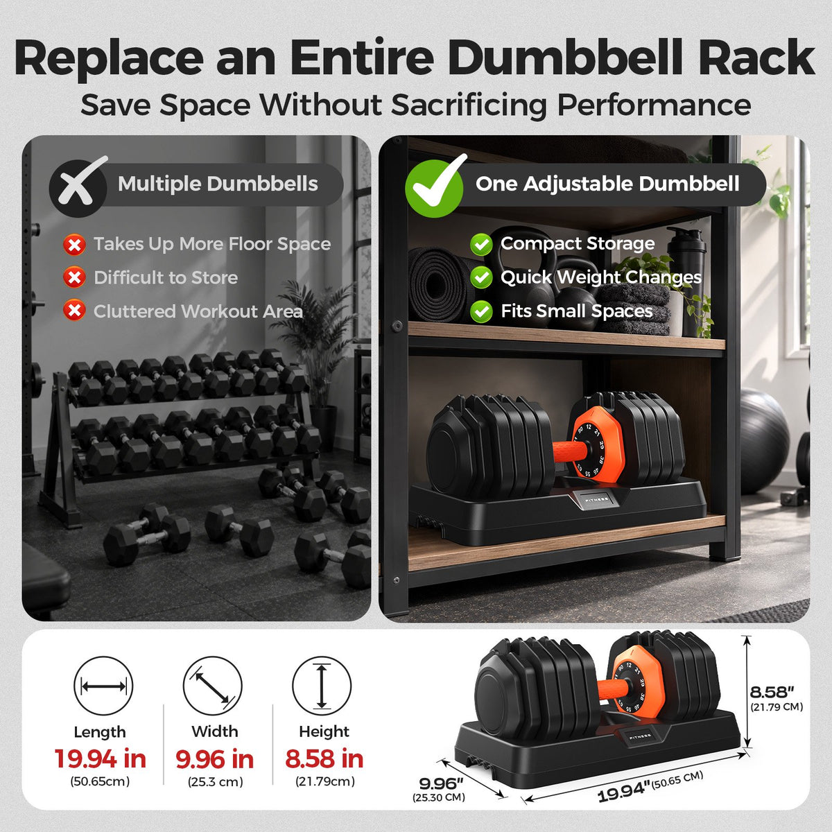 FED Fitness 90 LBS Adjustable Dumbbell with 1-Second Weight Adjustment, Non-Slip Handle Home Gym Workout Dumbbell