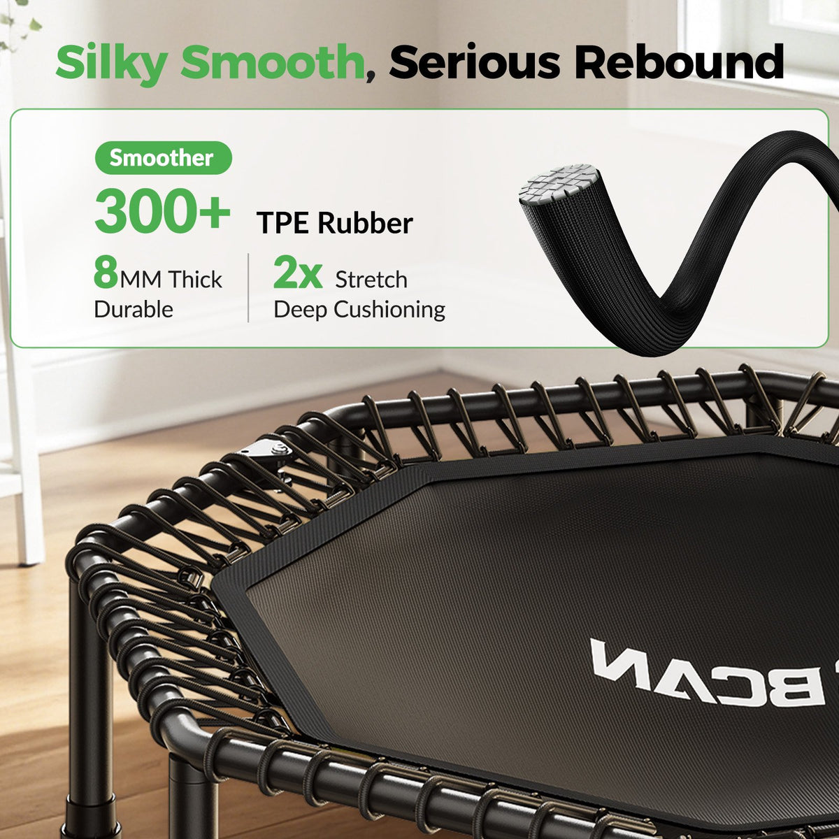 FED Fitness BCAN 51" Rebounder Trampoline for Adults, 450LBS Max Load Fitness Trampoline with Large Jumping Area, Silent Bungee Mini Trampoline with T-Adjustable Handle