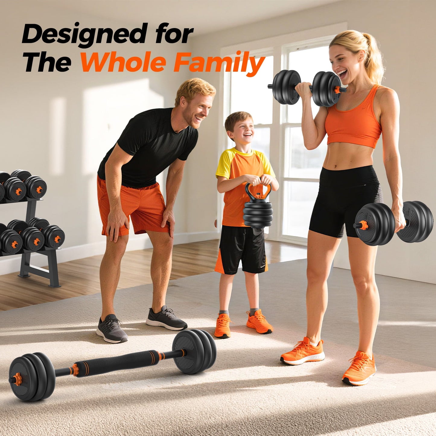 UPGO Adjustable Dumbbell Set,50lb Free Weight Set with Connector Bar,5 in 1 Workout Gear with Dumbbell,Kettlebell,Barbell,Push up Handle,Weight Plate,for Home Gym Fitness Exercise
