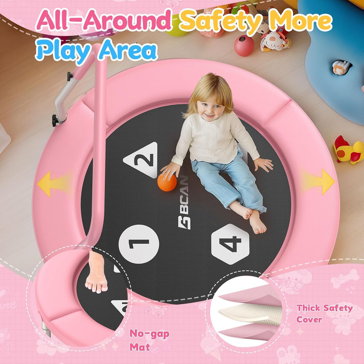 FED Fitness 36'' Toddler Trampoline, ASTM Certified-Foldable Mini Trampolines for Kids Ages 1-6, Adjustable Handle, Safety Pad & Foldable Legs, Baby Trampoline Indoor/Garden, Gift for Boy and Girl