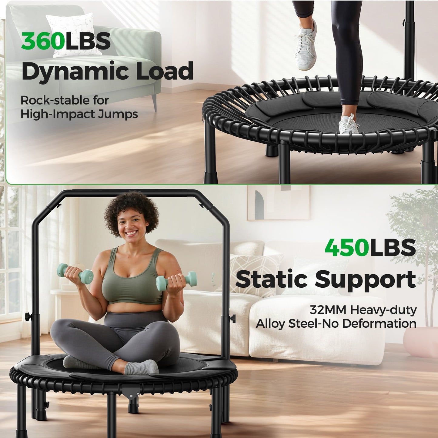 BCAN 450 LBS Foldable Mini Trampoline, 40" Fitness Trampoline with Bungees, Stable & Quiet Exercise Rebounder for Kids/Adults