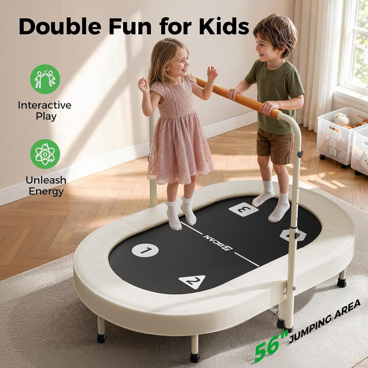 BCAN 56IN 2-Person Kids Trampoline, Safe-Elastic Band Foldable Frame Trampoline for Kids 1-8, ASTM Certified-Toddler Trampoline with Adjustable Stable Handlebar&Thickened Cover,Max Load 220lbs