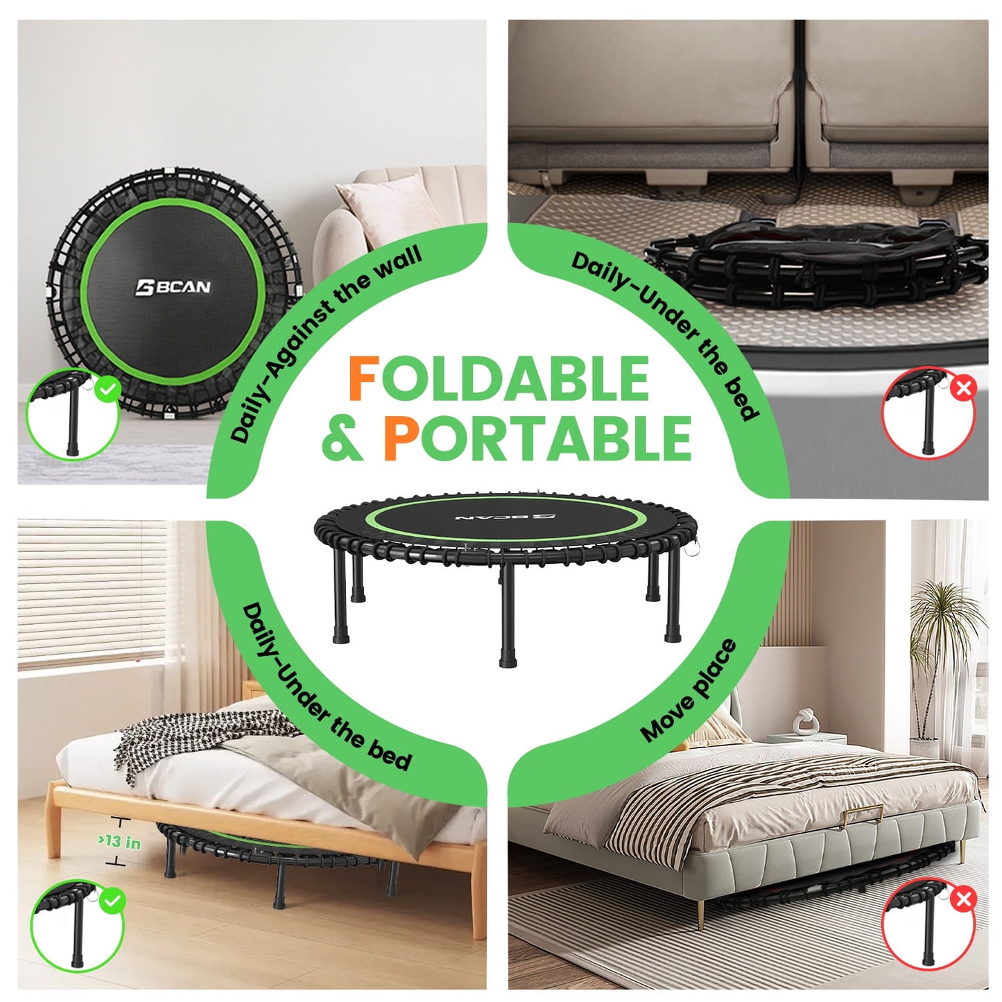 BCAN 48" Fitness Trampoline with Bungees, 550LBS Foldable Mini Trampoline
