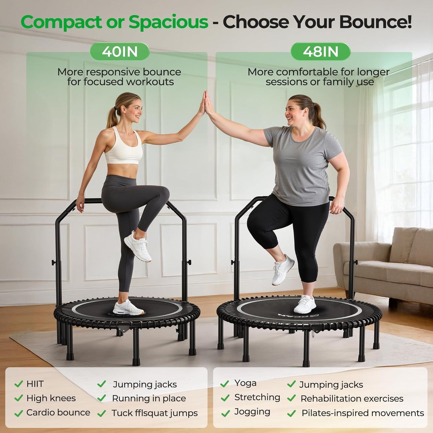 BCAN BT2 48-Inch Adult Mini Rebounder Trampoline, 550-pound weight capacity, adjustable handrails, and a Silent Resistance Band Design, suitable for indoor and outdoor home workouts