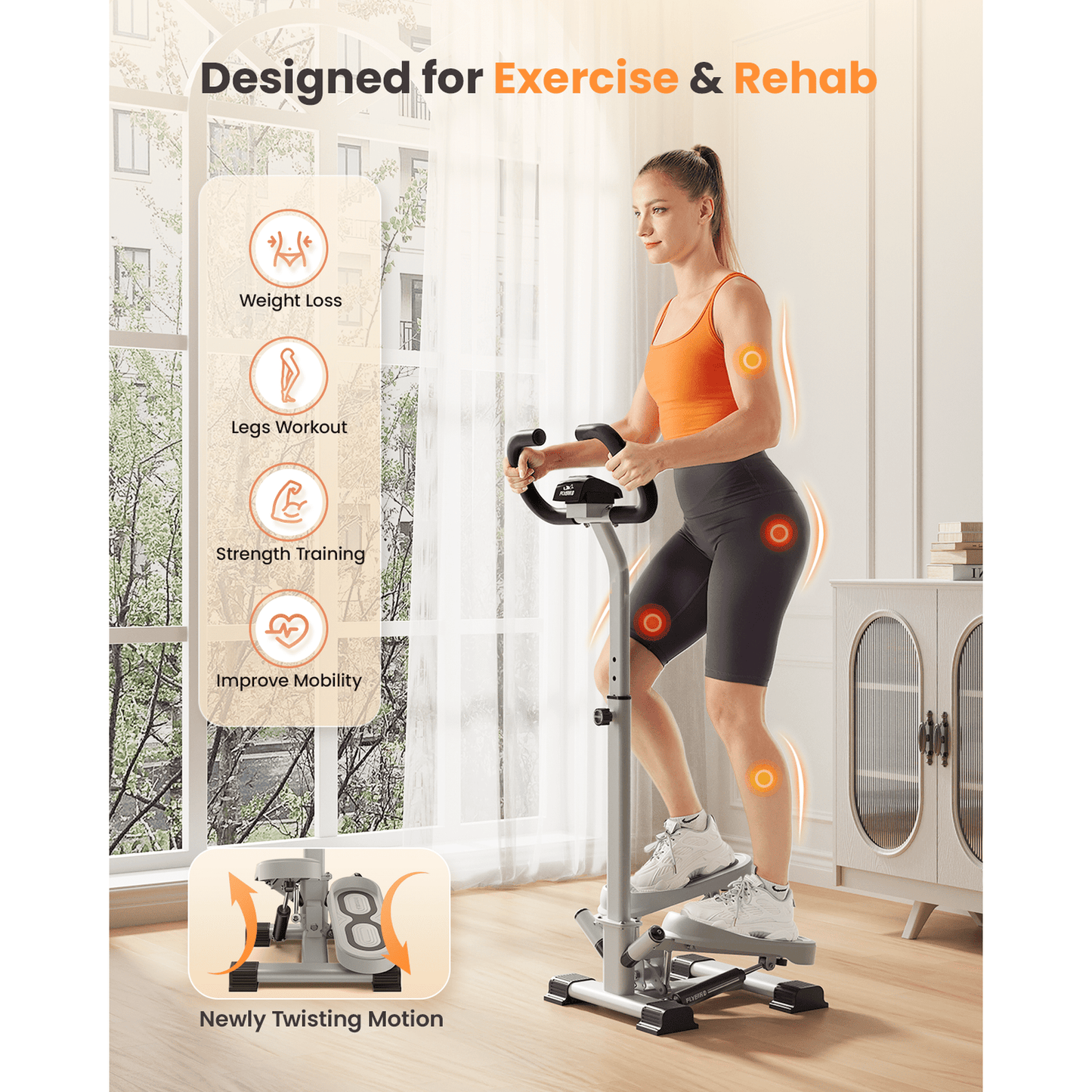UPGO Mini Stepper with Handlebar,Twist Stair Stepper for Home Workout, 330LBS Capacity Adjustable Height Stepper with 38° Motion for Seniors, Low Impact Leg Exerciser