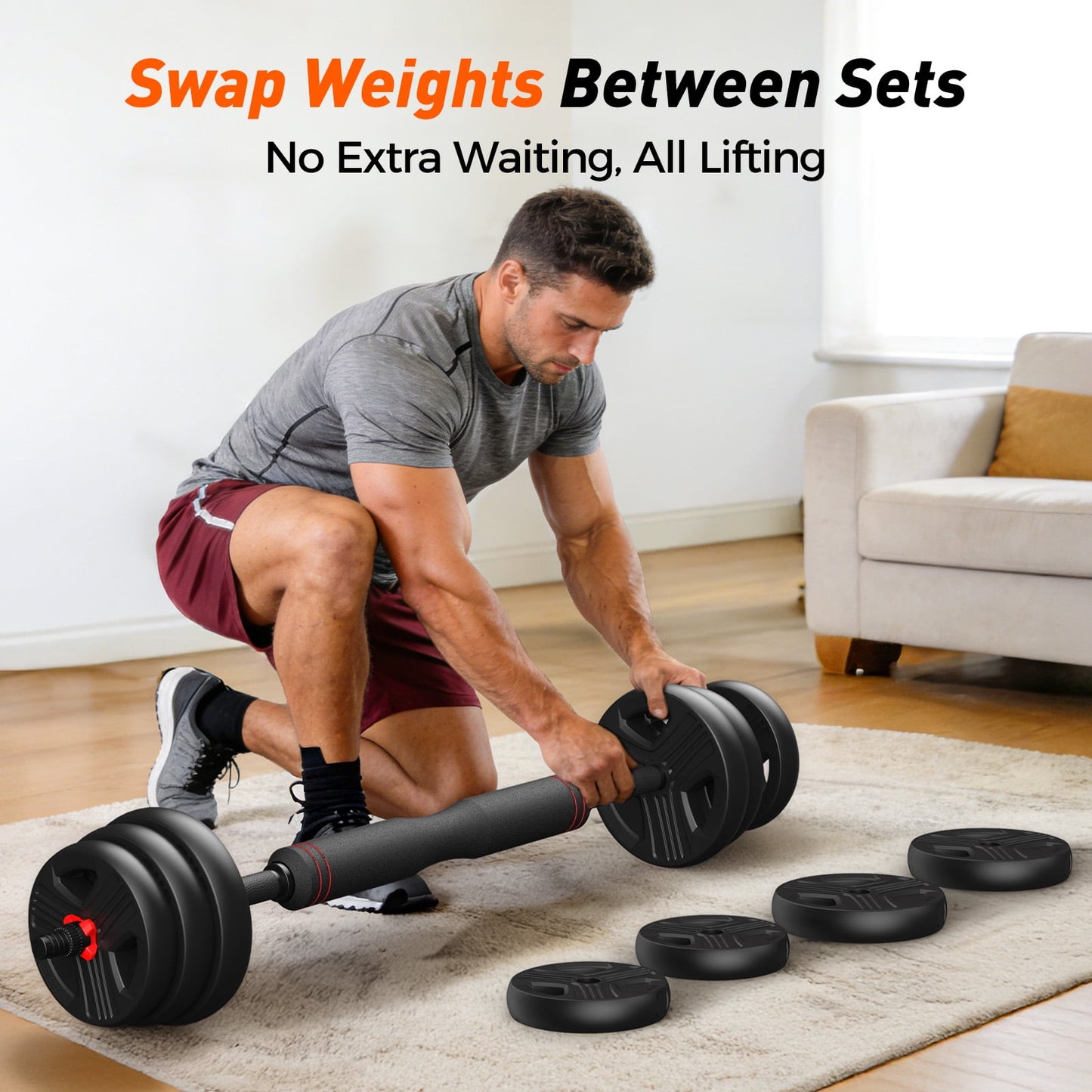 90lbs Free Weight Set with Connector, 5 in1 Dumbbells Set Used as Barbell, Kettlebells, Push up Stand, Fitness Exercises for Home Gym Suitable Men/Women