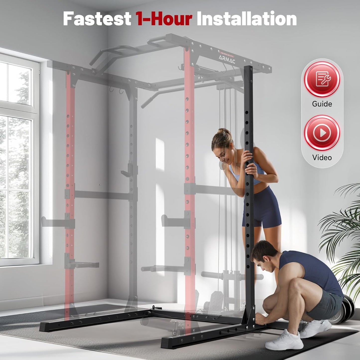 UPGO Power Cage,1500lbs Multi-Function Power Rack with Adjustable Cable Crossover System and More Training Attachment (red)