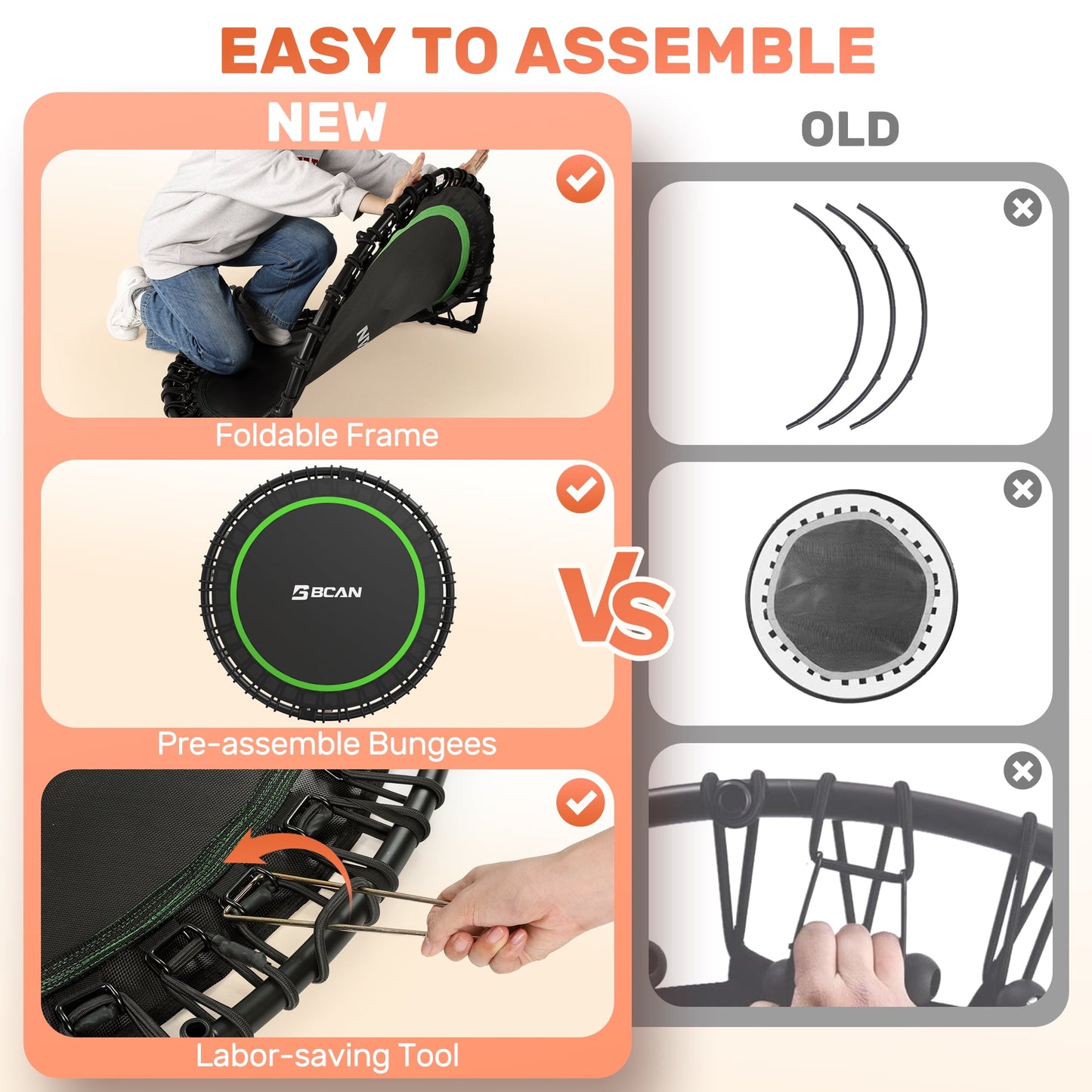 BCAN 450 LBS Foldable Mini Trampoline, 40" Fitness Trampoline with Bungees, Stable & Quiet Exercise Rebounder for Kids/Adults