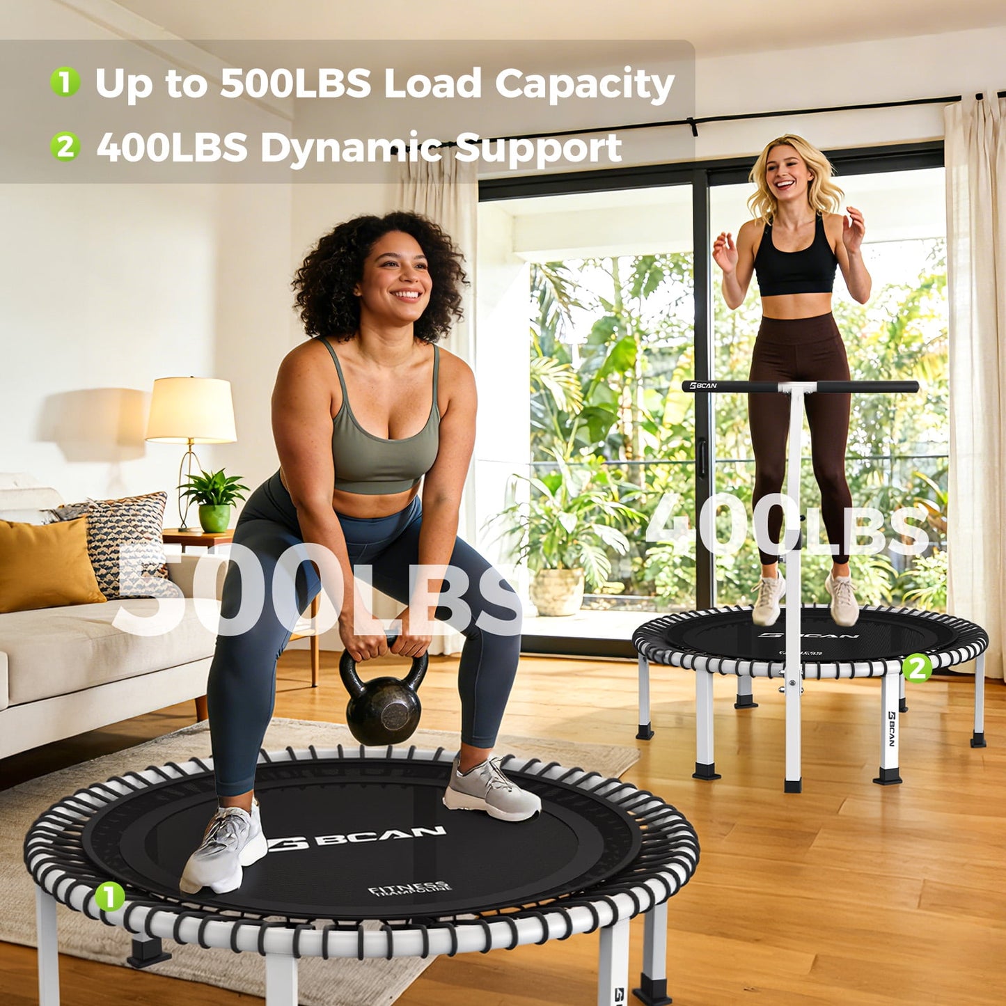 BCAN BT4 40" Pro Fitness Rebounder Trampoline, 500lb Capacity, Adjustable Tension Bungees, Exercise Trampoline for Adults, Phone Holder & 2 Pairs Socks| FED Fitness