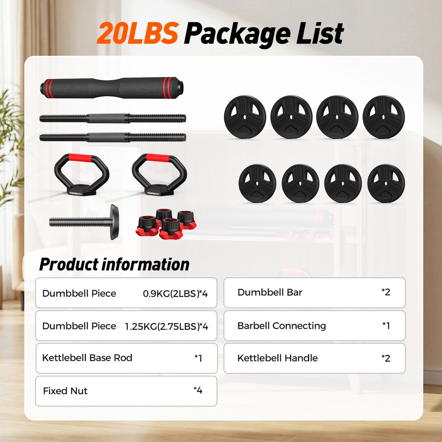 Adjustable Dumbbells, 20lbs Free Weight Set with Connector, 4 in1 Dumbbells Set as Barbell, Kettlebells, Push up Stand, Fitness Exercises for Home Gym Suitable Men/Women