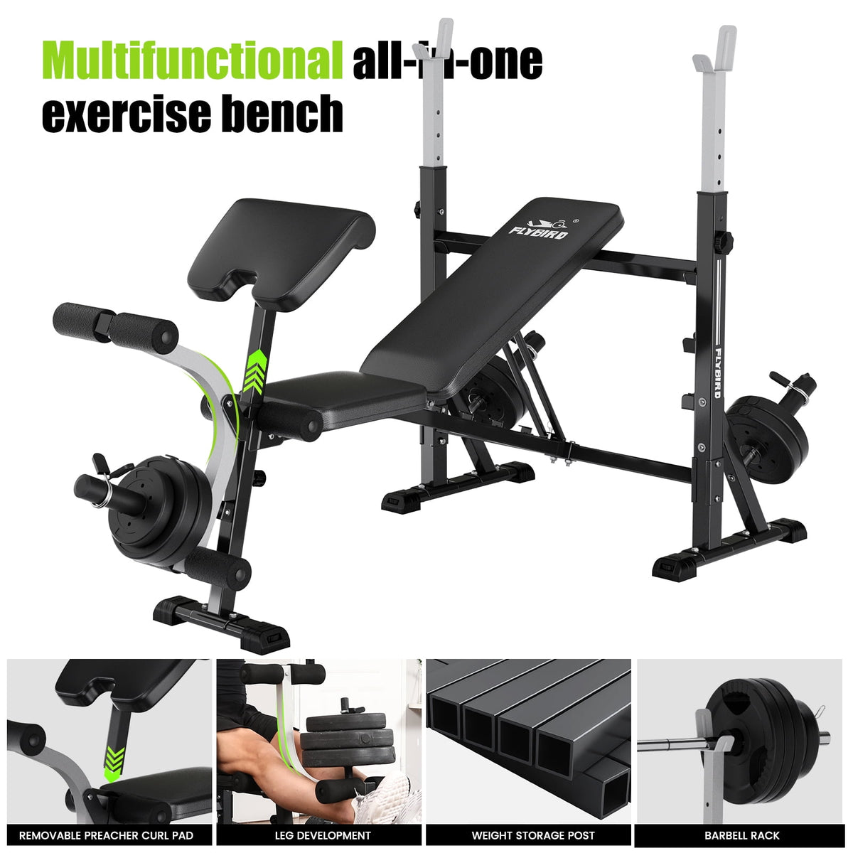 FLYBIRD Olympic Weight Bench with Rack,Multifunction Strength Training Bench With Preacher Curl & Leg Developer,Adjustable Bench Press Set for Home Gym