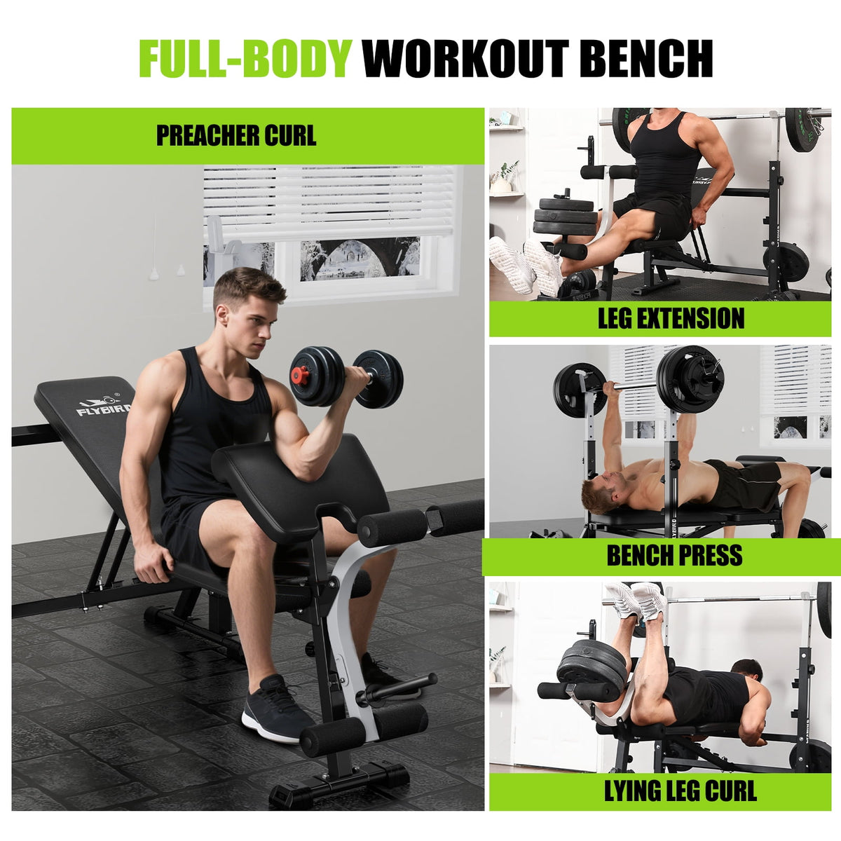 FLYBIRD Olympic Weight Bench with Rack,Multifunction Strength Training Bench With Preacher Curl & Leg Developer,Adjustable Bench Press Set for Home Gym