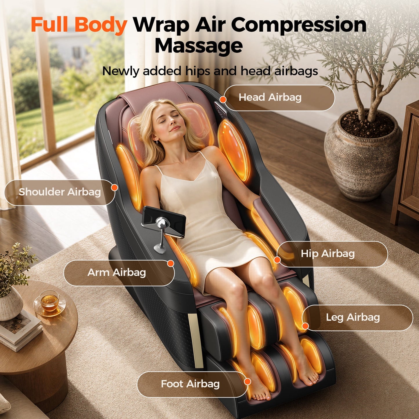 Upgo 4D Massage Chair Full Body, Zero Gravity Massage Chair with Heat and Foot Massage with Airbags, Kneading, Bluetooth, LCD Touch Control - Brown