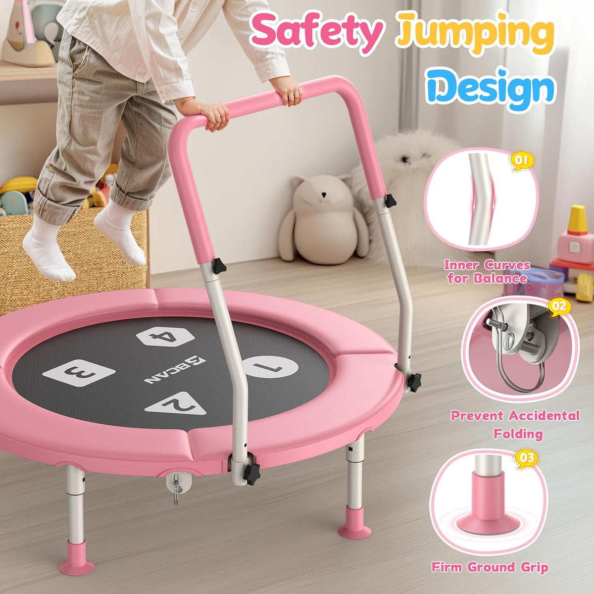 FED Fitness 36'' Toddler Trampoline, ASTM Certified-Foldable Mini Trampolines for Kids Ages 1-6, Adjustable Handle, Safety Pad & Foldable Legs, Baby Trampoline Indoor/Garden, Gift for Boy and Girl