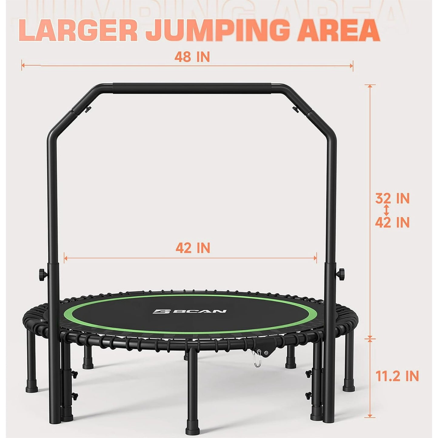 BCAN 550 LBS Foldable Mini Trampoline, 48" Fitness Trampoline with Bungees, Stable & Quiet Exercise Rebounder for Kids/Adults