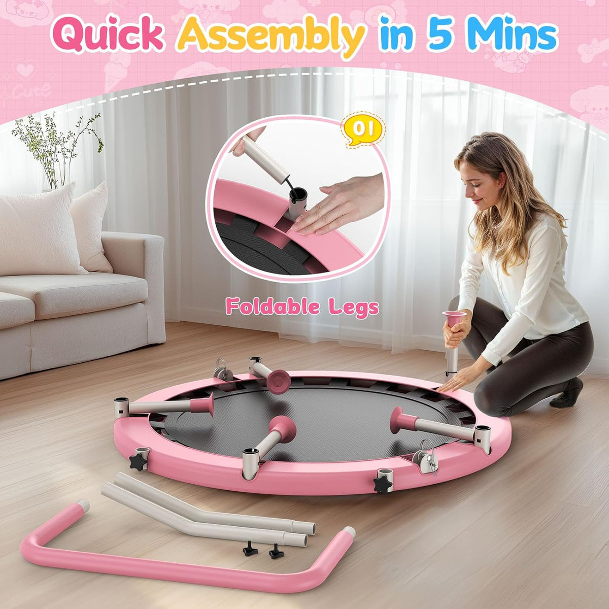 FED Fitness 36'' Toddler Trampoline, ASTM Certified-Foldable Mini Trampolines for Kids Ages 1-6, Adjustable Handle, Safety Pad & Foldable Legs, Baby Trampoline Indoor/Garden, Gift for Boy and Girl