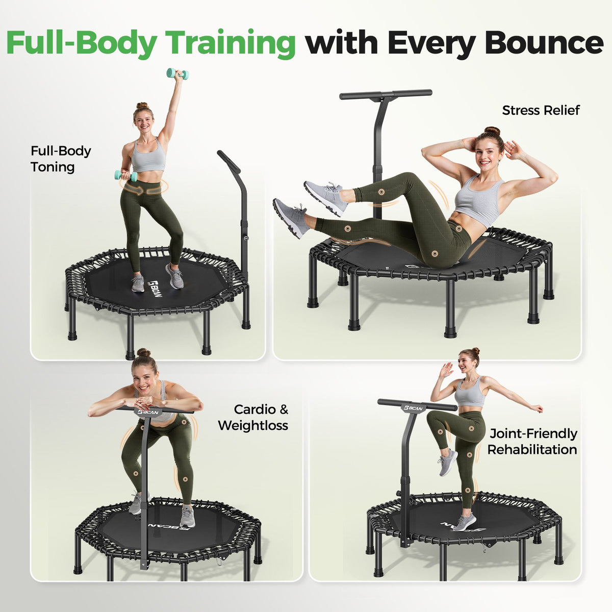 FED Fitness BCAN 51" Rebounder Trampoline for Adults, 450LBS Max Load Fitness Trampoline with Large Jumping Area, Silent Bungee Mini Trampoline with T-Adjustable Handle