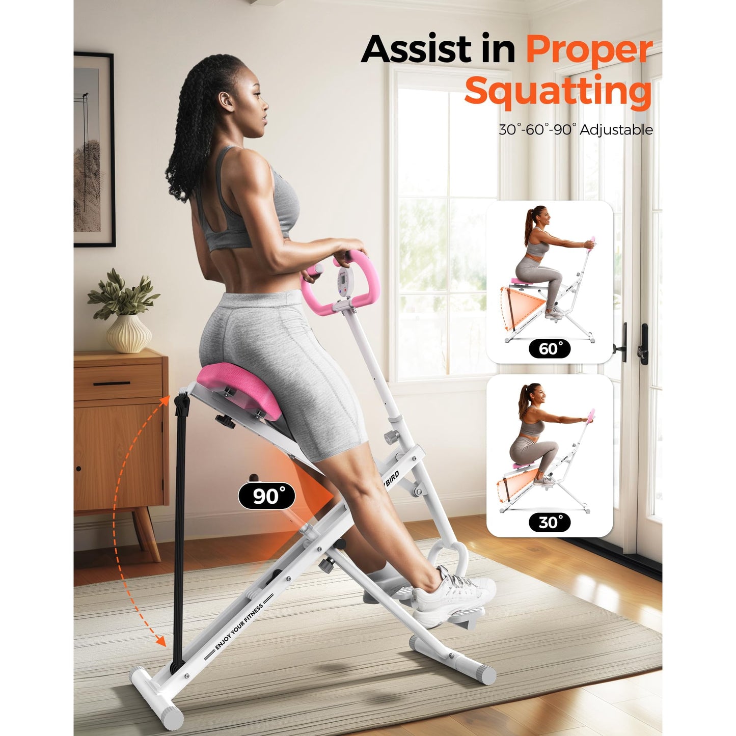 Sportsroyals Pink Squat Machine for Home, 330lbs Foldable, 4 Resistance Bands, Core & Leg Exercise Pink