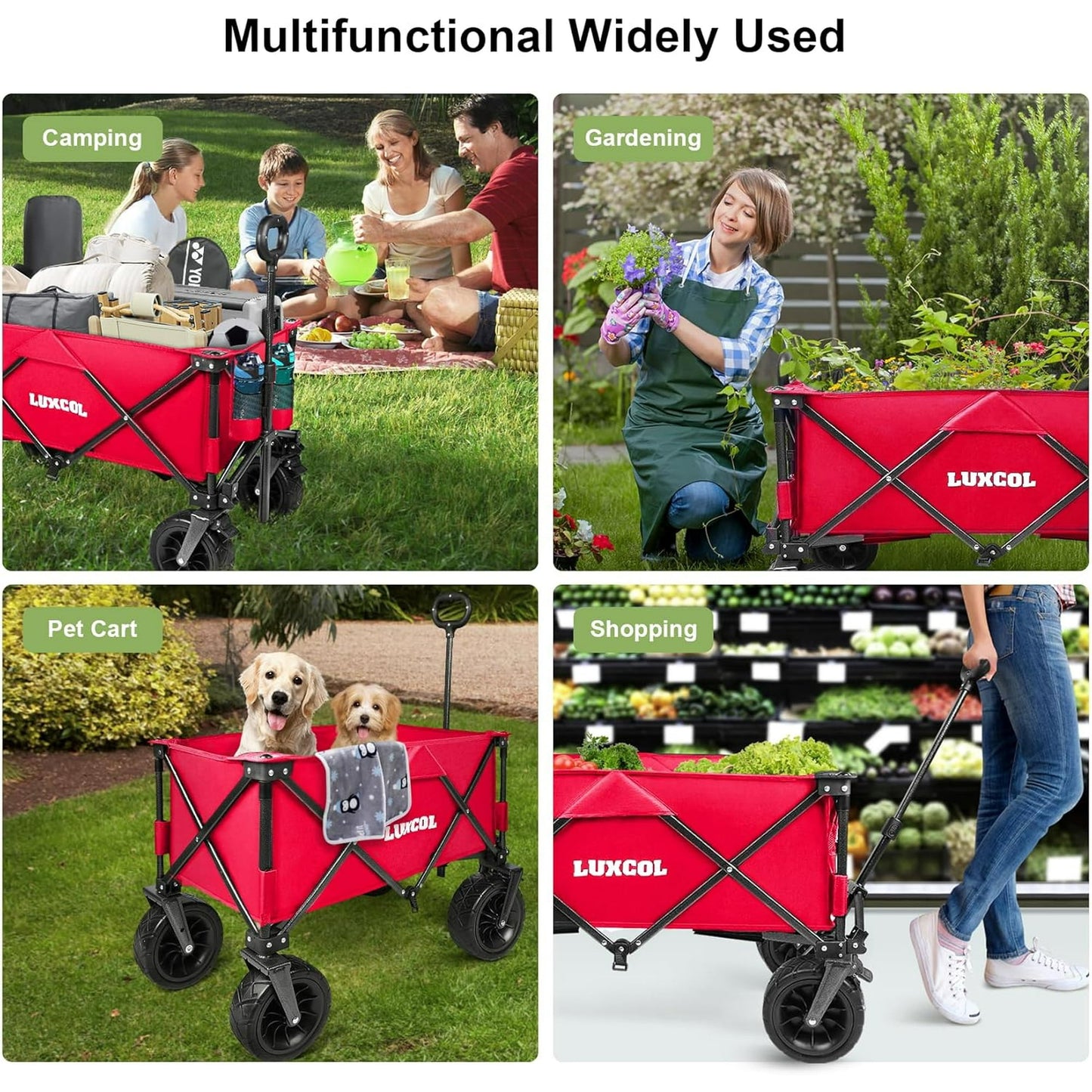 UPGO 200L Collapsible Foldable Wagon with 350lbs Weight Capacity, Heavy Duty Folding Utility Garden Cart with Big All-Terrain Beach Wheels & Drink Holders
